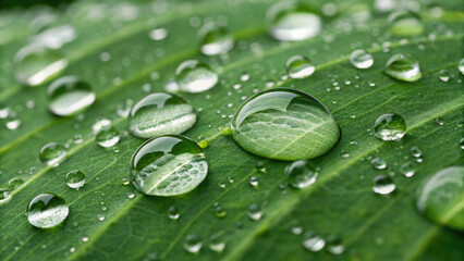 Close up of fresh green leaf with water droplets, showcasing natural beauty and vibrant texture. droplets reflect light, creating serene