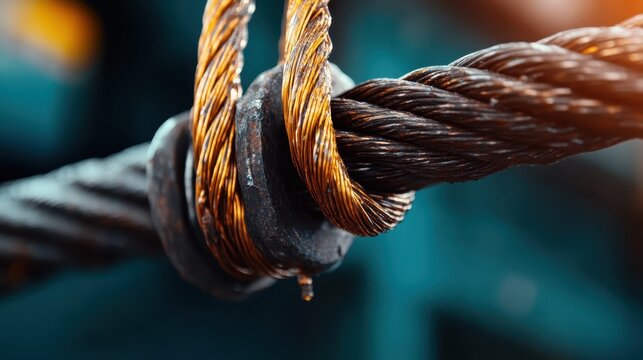 A detailed view of intertwined metallic cables, showcasing texture and strength, symbolizing resilience and the intricacies of engineering in modern construction.