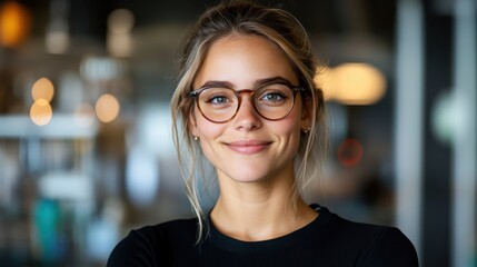 An inspiring young woman with glasses smiles warmly while posing in a cozy café, exuding an aura of confidence and approachability in a stylish modern environment.