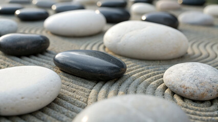 Smooth white and black stones arranged on raked sand in zen garden, creating tranquil and meditative atmosphere