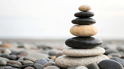 Balanced stack of smooth stones on pebble covered surface, symbolizing harmony and tranquility in serene outdoor setting