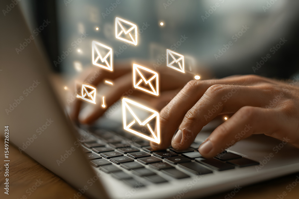 Poster clean and minimalistic geometric envelopes showing emails displayed on laptop screen