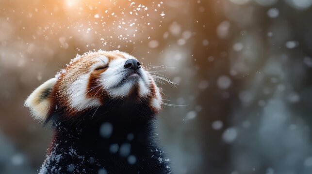 A charming red panda sits joyfully in the snow, blissfully embracing the winter wonderland, showcasing the playful and whimsical nature of this unique species in a magical setting. - Powered by Adobe