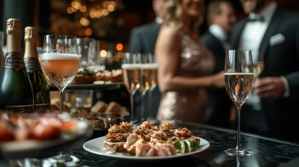 A sophisticated gathering featuring an array of gourmet appetizers and sparkling drinks, set against a backdrop of soft lighting and festive atmosphere.