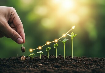 A hand is shown planting a seed next to seedlings representing different stages of growth, overlaid with a graphic illustrating an upward trend, symbolizing progress or investment.