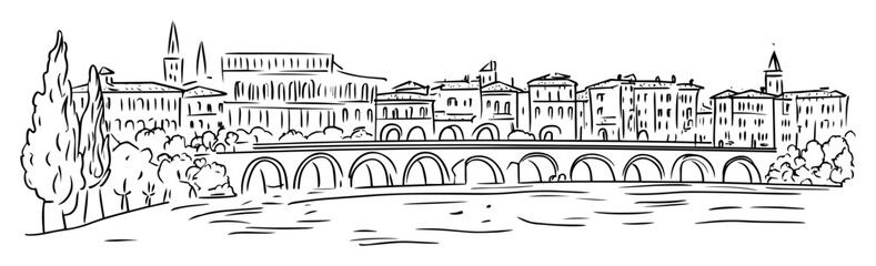 old european riverside town with arched bridge – hand drawn vector sketch