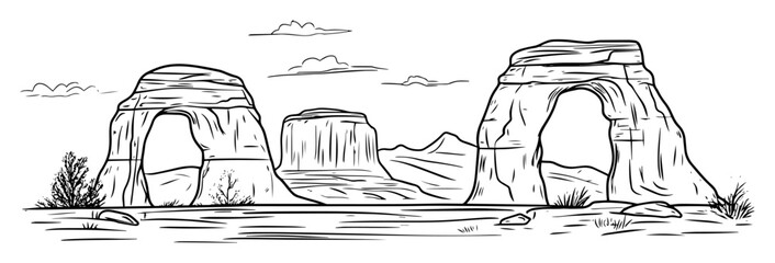 rock formations and natural arches in desert landscape – hand drawn vector