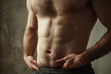 Close-up of a muscular man showing his defined abs and chest hair