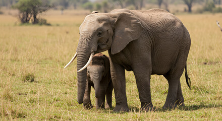 Fototapeta premium African elephants mother and calf heartwarming wildlife scene serene savanna grassland beauty