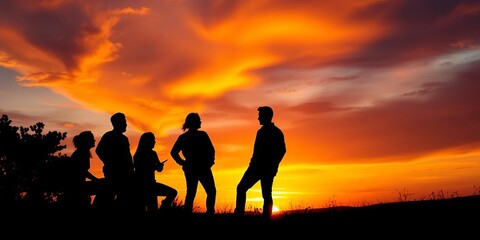 Fototapeta premium Silhouetted team meeting at sunset, vibrant colors, work, conference