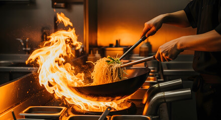 Chef cooking noodles with flames, in a professional restaurant kitchen, culinary excellence and passion