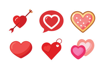 Valentines day icon set with heart arrow bubble chat red heart gift tag cookie with icing heart pillow and candy hearts Vector illustration on white background