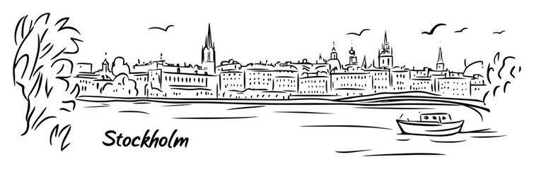 stockholm city skyline with river and boat &ndash; hand drawn vector