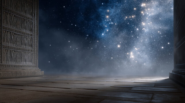 Cosmic Beliefs with Ancient Temple Carvings and Celestial Alignment - Powered by Adobe