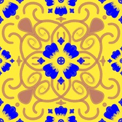 abstract floral background,blue flowers,yellow stamans,brown branches and leaves wuth a yellow background,created from curves in geometric patterns to simple sarong pattern,tile and fabric patterns.