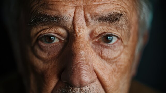 The close-up portrait captures the intricate details of an elderly man's face, conveying deep emotions and the profound story behind a lifetime of experiences and wisdom.