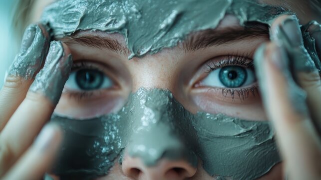 A close-up of a person applying a clay mask to their face, showcasing clear blue eyes and details of the mask. The image emphasizes skincare and self-care rituals.