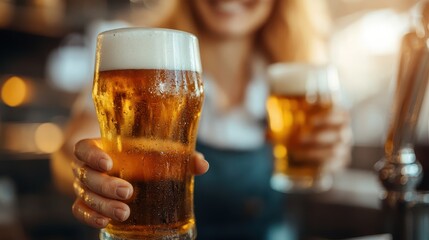 A vibrant scene of two frosty glasses of beer, one being held up for a toast, capturing the essence of celebration and friendship at a lively bar atmosphere.