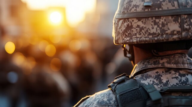 A soldier stands vigilant during a sunset, silhouetted against a backdrop of camaraderie and challenge, depicting the resolve of the human spirit in uniform.