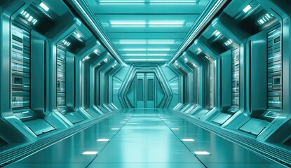 Futuristic teal corridor with metallic panels