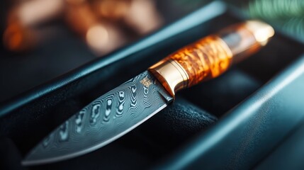 An artisan knife lies elegantly in a black case, showcasing a finely crafted handle and a beautifully patterned blade, representing skill and craftsmanship.
