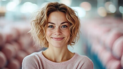 Obraz premium A cheerful woman beams with joy in a vibrant industrial setting, emphasizing a sense of happiness and the beauty of modern life.