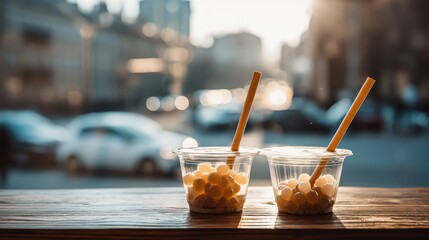 Bubble tea cups with tapioca pearls on a softly blurred urban cafÃ© window backdrop under perfect lighting