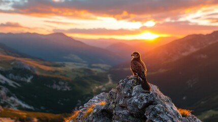 A stunning eagle perched on a rocky ledge with a breathtaking sunset in the background, showcasing nature's beauty and the spirit of freedom in the wild mountains.