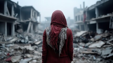 A woman stands in the ruins of a devastated city, symbolizing resilience and hope amidst destruction, evoking strong emotions related to loss and survival in challenging circumstances.