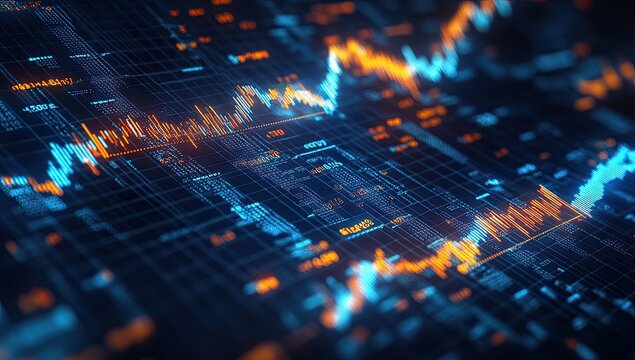 Data-rich digital display of stock charts.  Fluctuating graphs in vibrant blue and orange on a dark grid overlay
