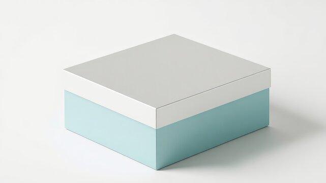 Modern squared box with a light blue base and silver top, placed on a solid white surface