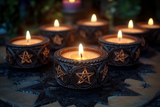 Several lit candles with pentagram designs rest on an ornate wooden surface, evoking a sense of mystical ritual or spiritual practice - Powered by Adobe