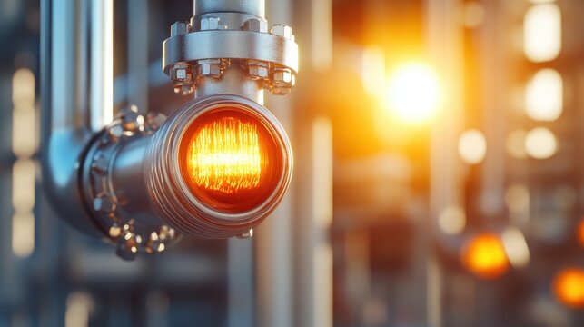 This image captures a close-up view of industrial piping featuring a red warning light, highlighting a sense of urgency and importance in a manufacturing environment. - Powered by Adobe
