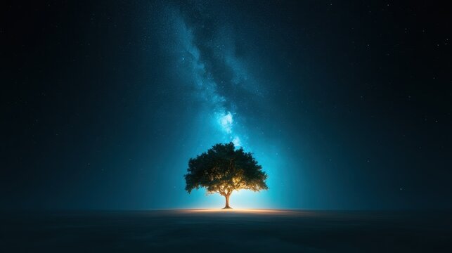 This stunning image depicts a solitary tree illuminated under the night sky filled with stars and the Milky Way, symbolizing solitude and the vastness of the universe.