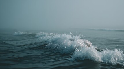 Fototapeta premium Ocean wave crest with sea spray on softly blurred horizon
