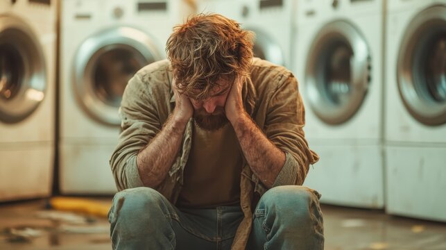 A pensive man is captured in a laundromat, sitting with his head in his hands, showcasing a moment of deep thought and contemplation amidst a backdrop of washing machines. - Powered by Adobe