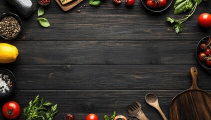 Dark wood table, food preparation supplies,  border of fresh ingredients