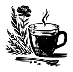 herbal tea in cup with plants and spoon sketch