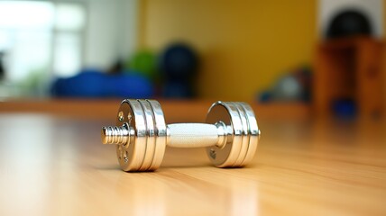 A lone chrome dumbbell on a wooden floor, symbolizing focus and strength in simplicity.