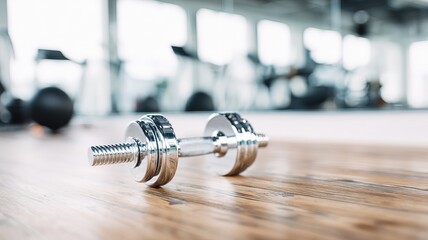 A lone chrome dumbbell on a wooden floor, symbolizing focus and strength in simplicity.