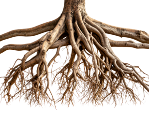 Exposed tree root system isolated intricately