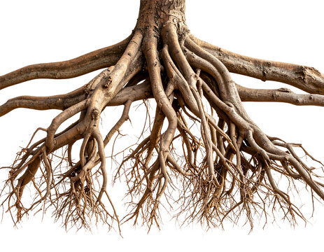 Exposed tree root system isolated intricately