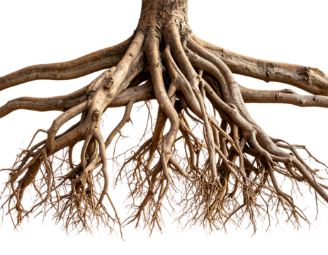Exposed tree root system isolated intricately