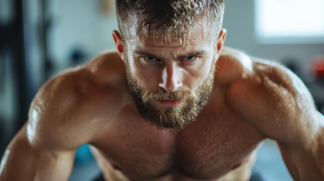 A focused fitness trainer is captured in the moment of an intense workout, showcasing determination, muscular physique, and the essence of hard work and dedication to fitness.