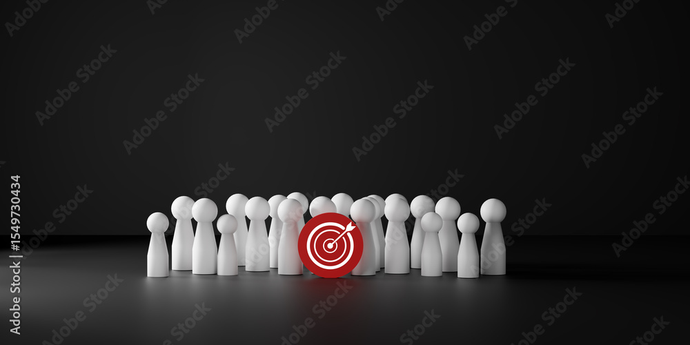 Poster mission concept of business and personnel in a company. white dolls team standing around red dart bo