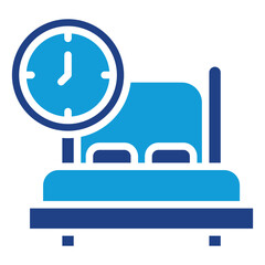 Sleep Time - Dual Tone Glyph Blue Fill Silhouette Style Icon - bed with a clock, representing scheduled or sufficient sleep time