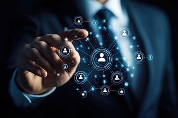 Businessman's hand interacts with a network graphic