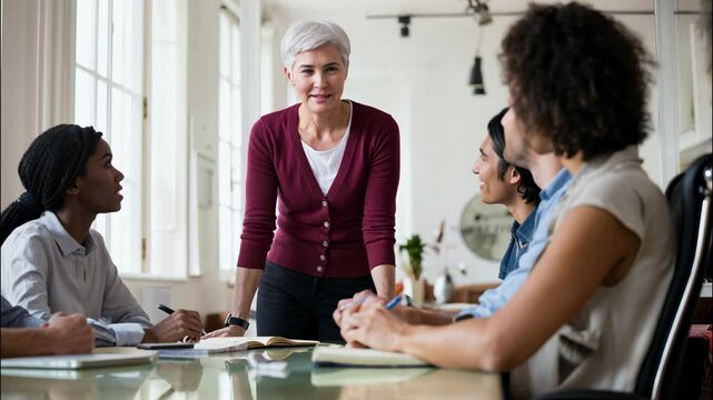 Confident mature female team leader speaking to diverse group of young professionals during a collaborative meeting in a bright modern office. Generative AI