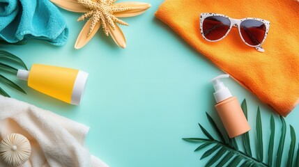 Summer essentials: sun lotion, sunglasses, towels, and starfish on a turquoise background, creating a refreshing beach vacation mood