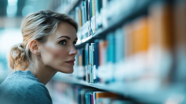 A woman deep in thought navigates through shelves filled with books in a library, embodying the pursuit of knowledge and the peaceful quietude of literary exploration.